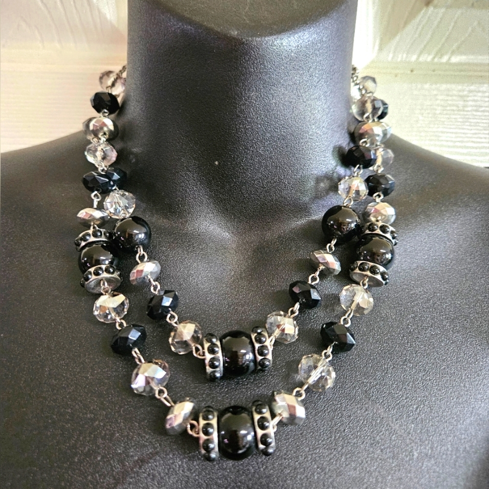 Trifari Crown Double Strand Black Beaded  and Crystal Beads Neckace